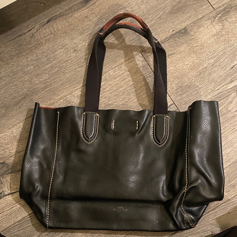 Leather Tote Bag - Black with Brown Trim